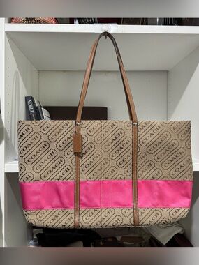 Coach Beige Signature Canvas Tote with Pink Accent